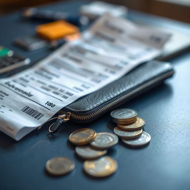 Primer plano de un ticket de supermercado y monedas sobre un escritorio con acento índigo