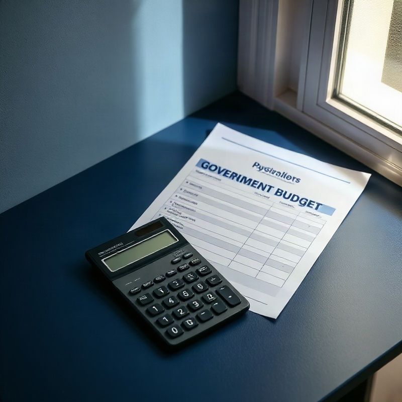 Documento de presupuesto público y calculadora sobre un escritorio con acento índigo