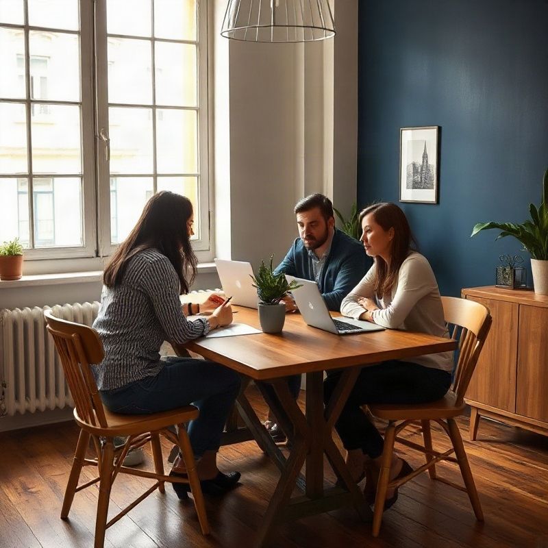 Equipo editorial pequeño reunido alrededor de una mesa de madera en una oficina de Tacuarembó