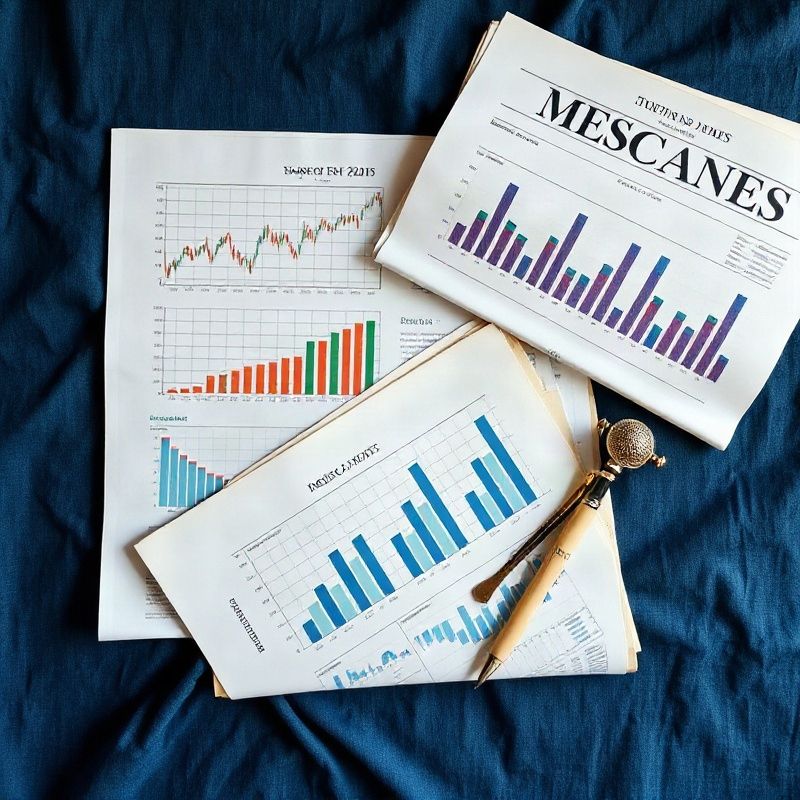 Gráficos económicos impresos y un periódico sobre una superficie de lino índigo